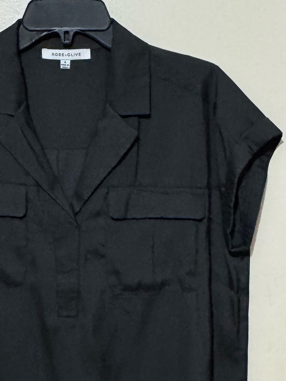 ROSE & OLIVE Short-Sleeve Satin Utility Shirt S 20” p2p Black NWOT - Picture 5 of 10